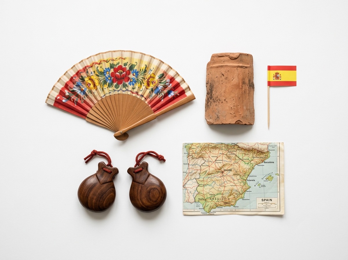 Abanico español, castañuelas y mapa de España sobre fondo blanco