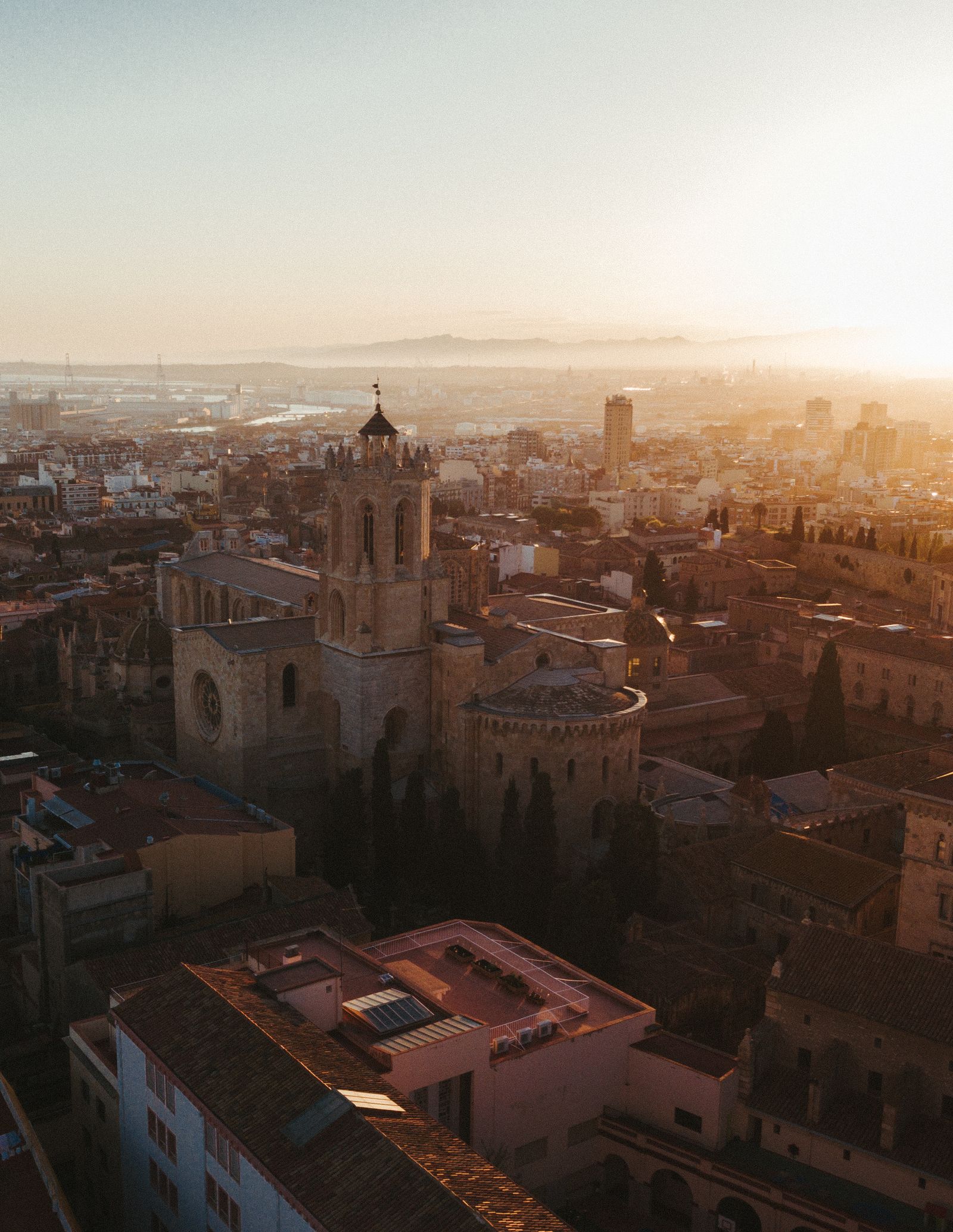 Fachada gótica y rosetón de la Catedral de Tarragona iluminados al anochecer